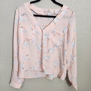 Forever 21 Button Down Blouse Womens Medium Crane Print Long Sleeve